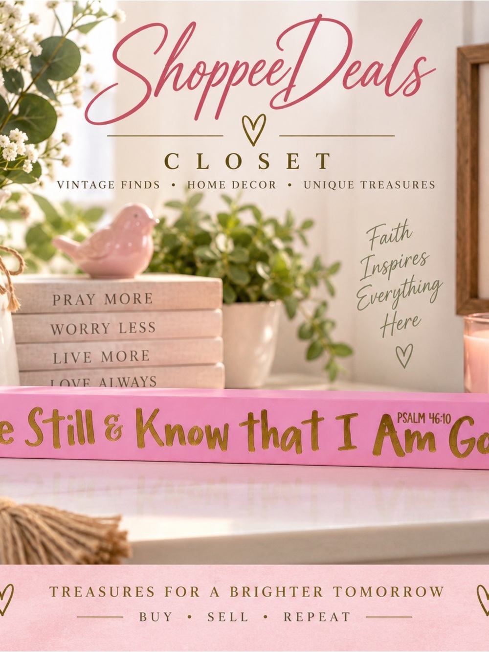 Be Still & Know That I Am God Pink Wood Sign Psalm 46:10 Gold Lettering